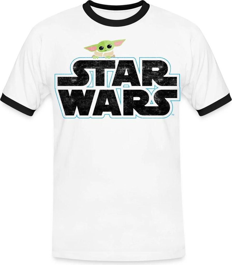 Star Wars: Mandalorian Schriftzug Mit Grogu Männer Kontrast T-Shirt, S, Weiß/Schwarz