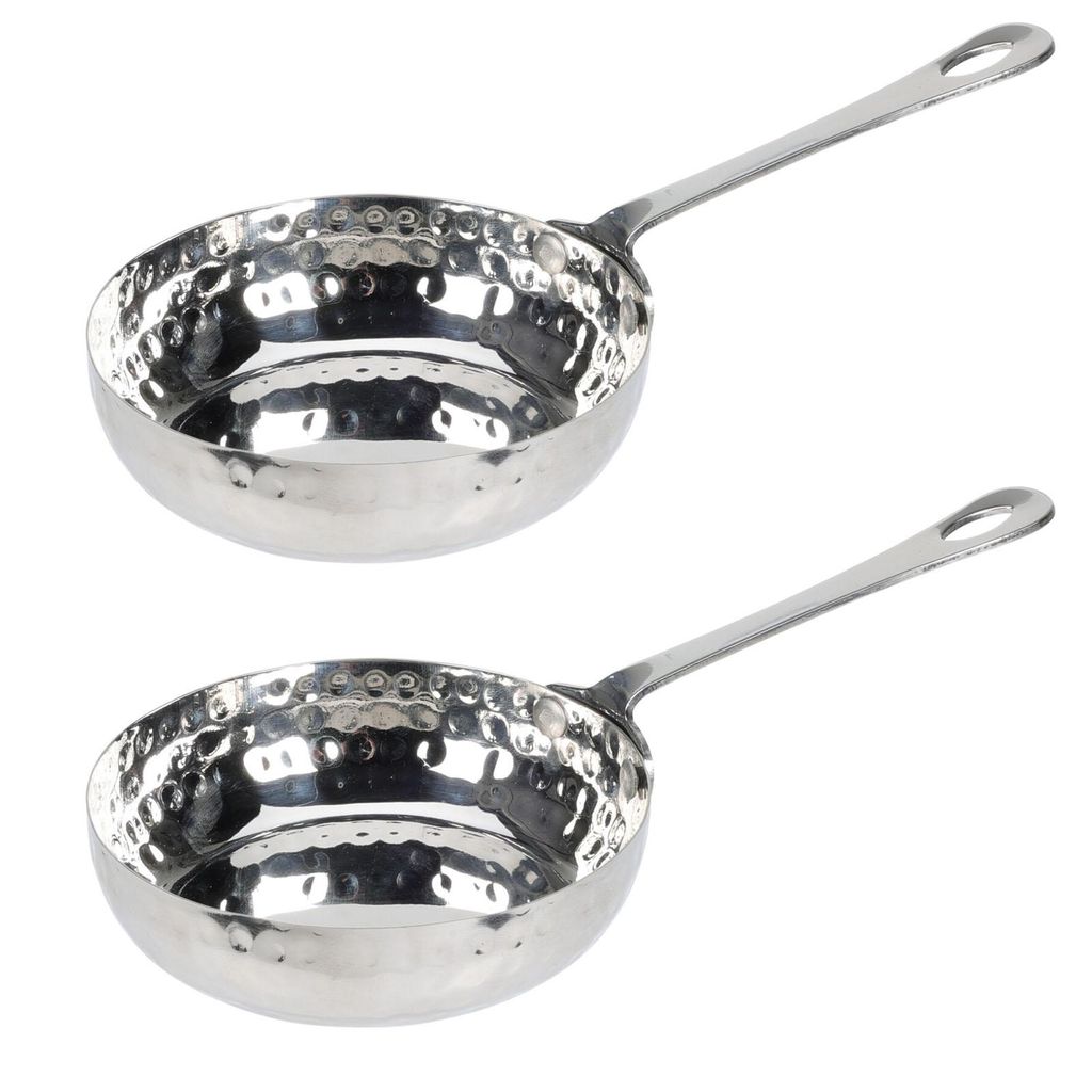 Two hammered stainless steel mini pans with handles are shown against a white background.