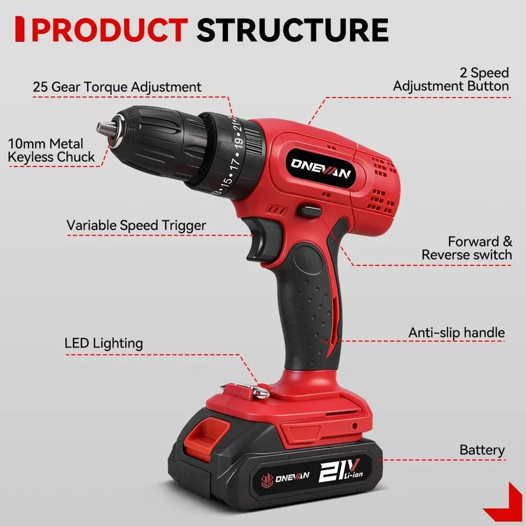 Perceuse-visseuse à percussion sans fil 500W avec 2 batteries - 1600 tr/min