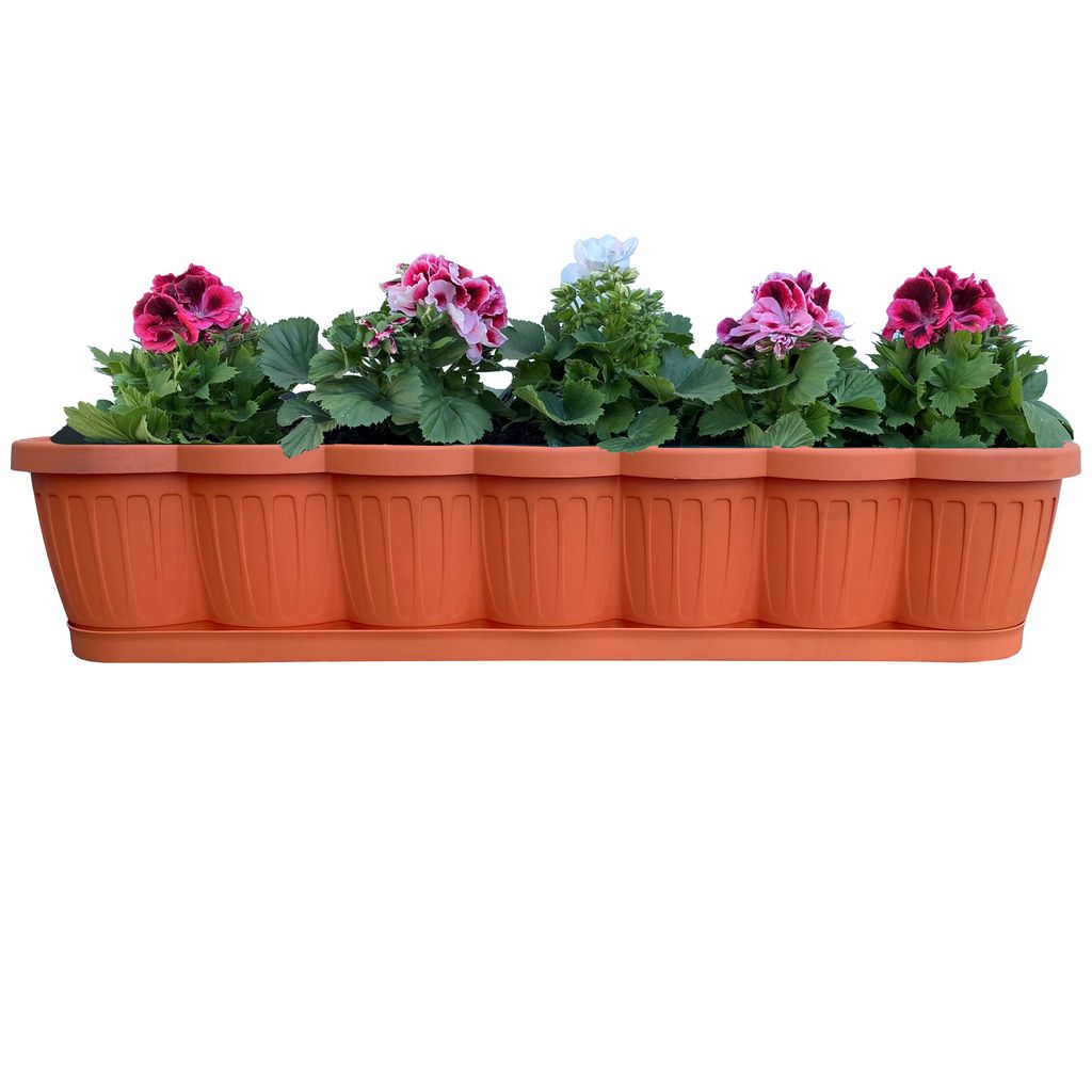 1er Set 80cm Blumenkasten Balkonkasten Pflanzkasten Terracotta im Wellendesign inkl. passenden Bewässerungsuntersetzer