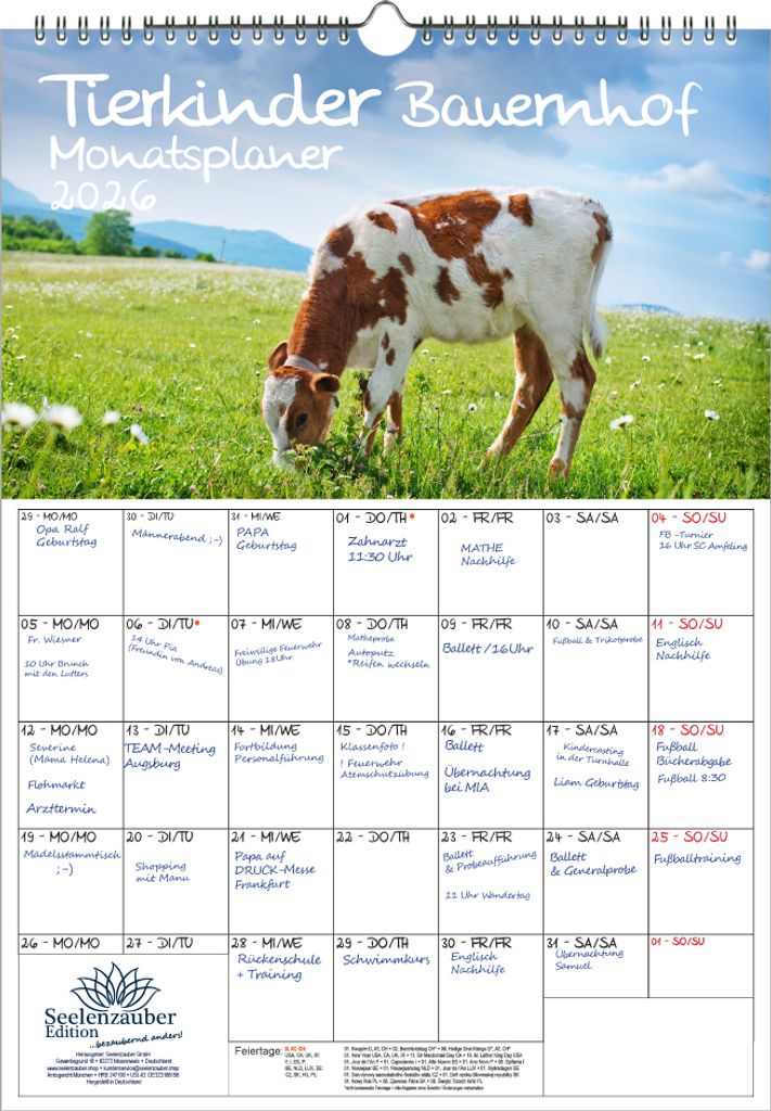 Tierkinder Bauernhof Planer DIN A3 Kalender für 2026 verschiedene Tiere auf dem Bauernhof - Seelenzauber