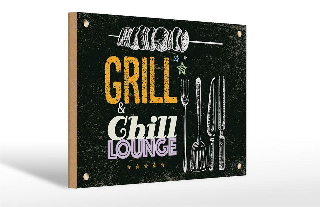 Holzschild Grill & Chill Fleisch Grillen, 30 x 20 cm, Holzschilder Spruch Fleisch Grillbesteck