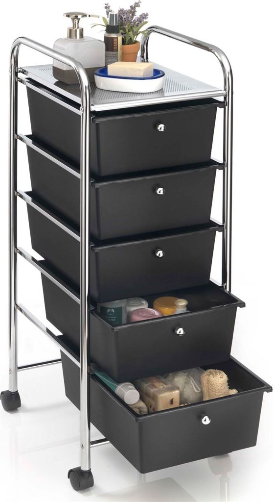 Rollcontainer GINA, chrom/schwarz - Rollwagen mit 5 Produktbild 