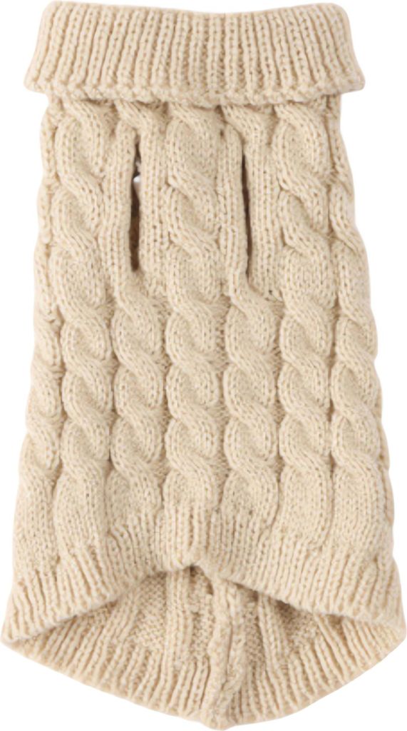 A beige knitted dog sweater with a cable knit pattern and a folded collar.