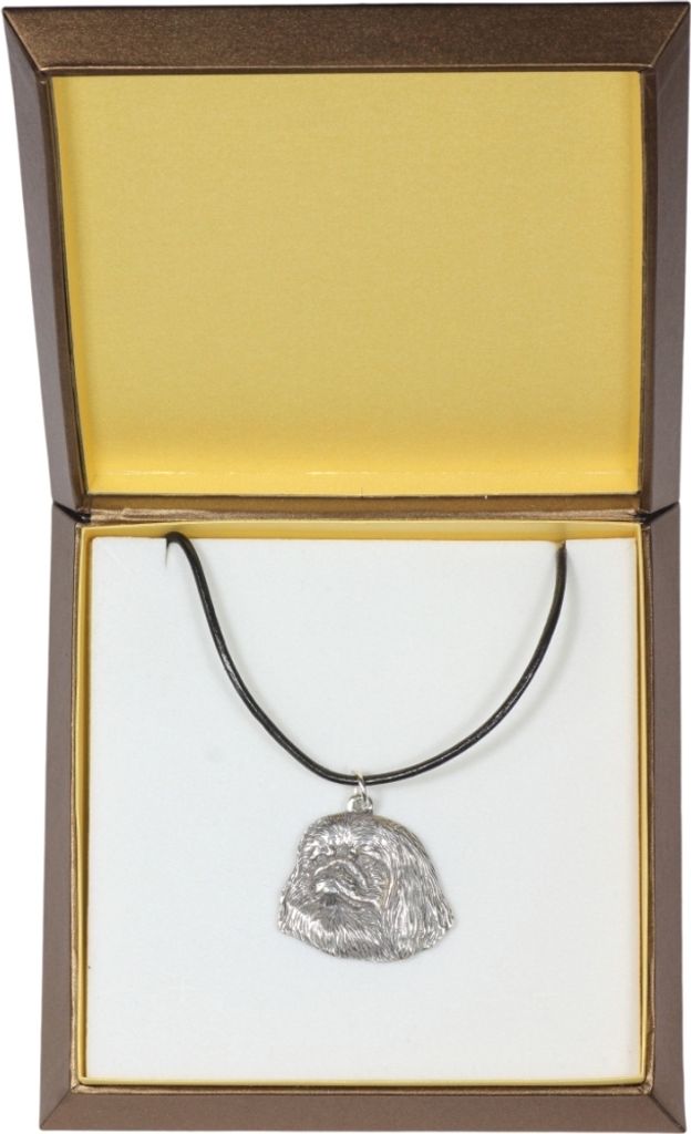 Pekingese, Pekinese, Peking-Palasthund - Hundehalsband in Geschenkbox, versilbertes Medaillon für Hundefans, markanter Anhänger der Marke Art-Dog