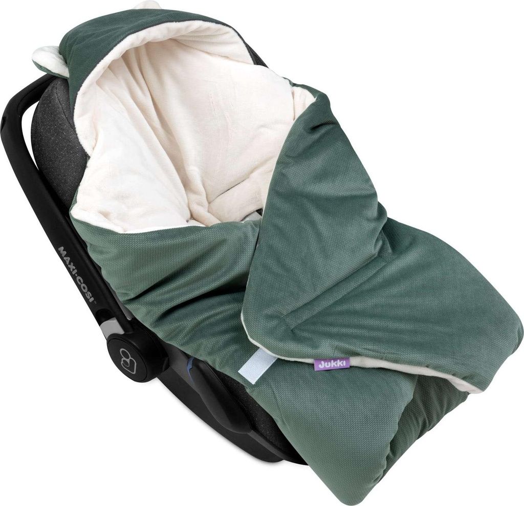 Decke für Kindersitz mit Kapuze und Ohren – Ecru Plüsch & Olive Velvet