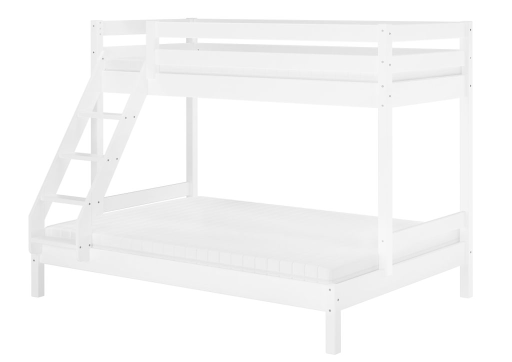 Doppel-Etagenbett 140x200 und 90x200 Erwachsenen-Stockbett Kiefer Massivholz weiß V-60.18W-09-14Rollrost. Matratze und Gästebettkasten inkl.