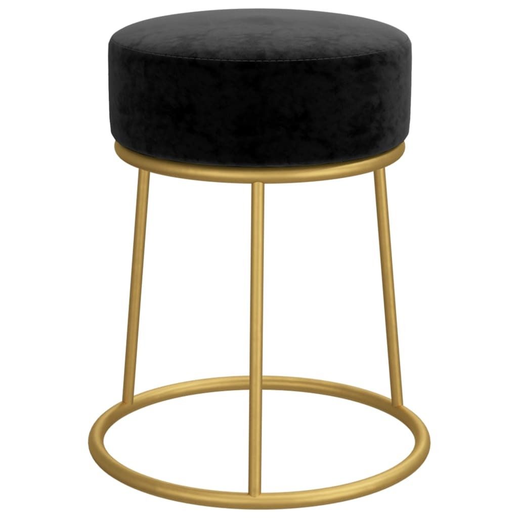A black velvet stool with a gold metal frame is shown against a white background.