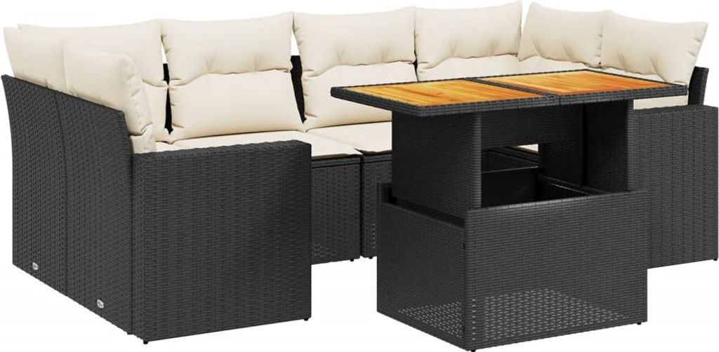vidaXL 7-tlg. Garten-Sofagarnitur mit Kissen Schwarz Poly Rattan