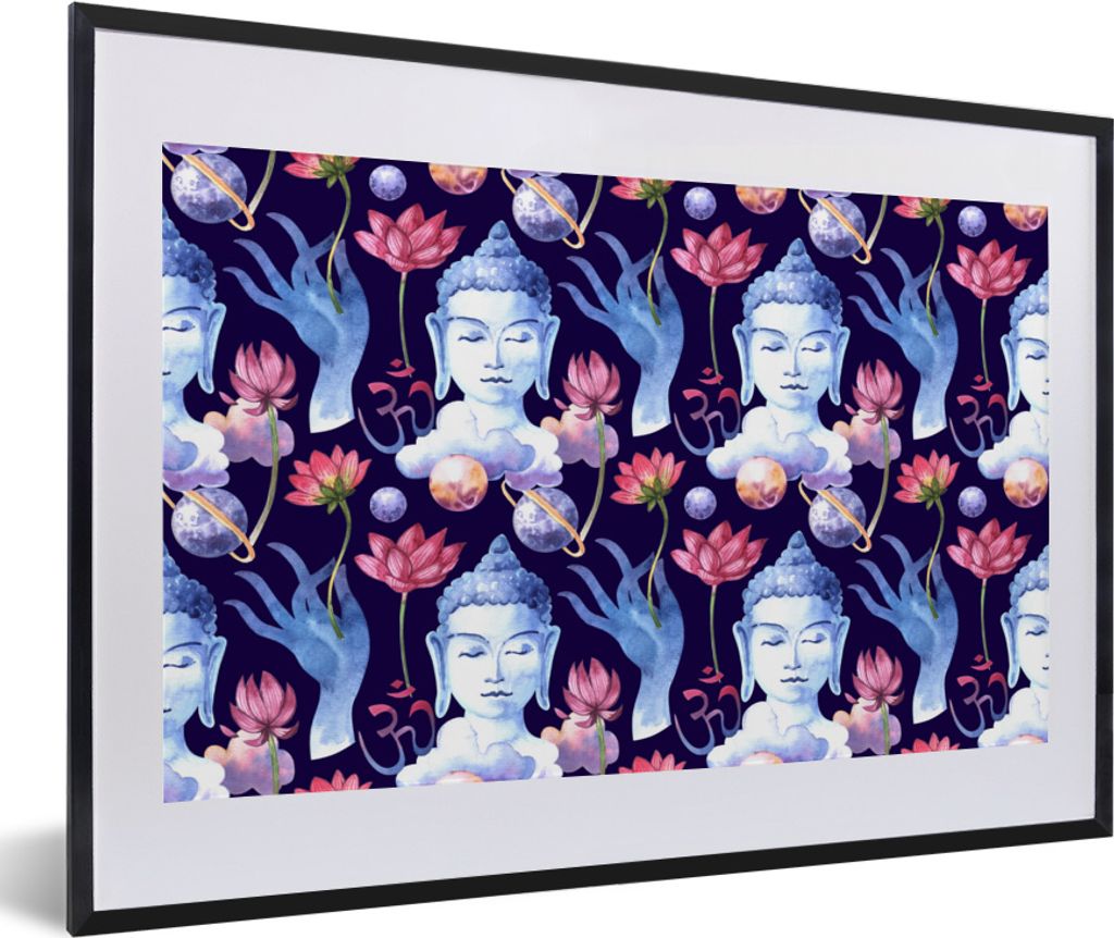 MuchoWow MuchoWow Gerahmtes Poster Buddha - Kopf - Blau 60x40 cm - Poster mit zchwarzem Bilderrahmen - Schlafzimmer - Plakat in Rahmen - Drucken