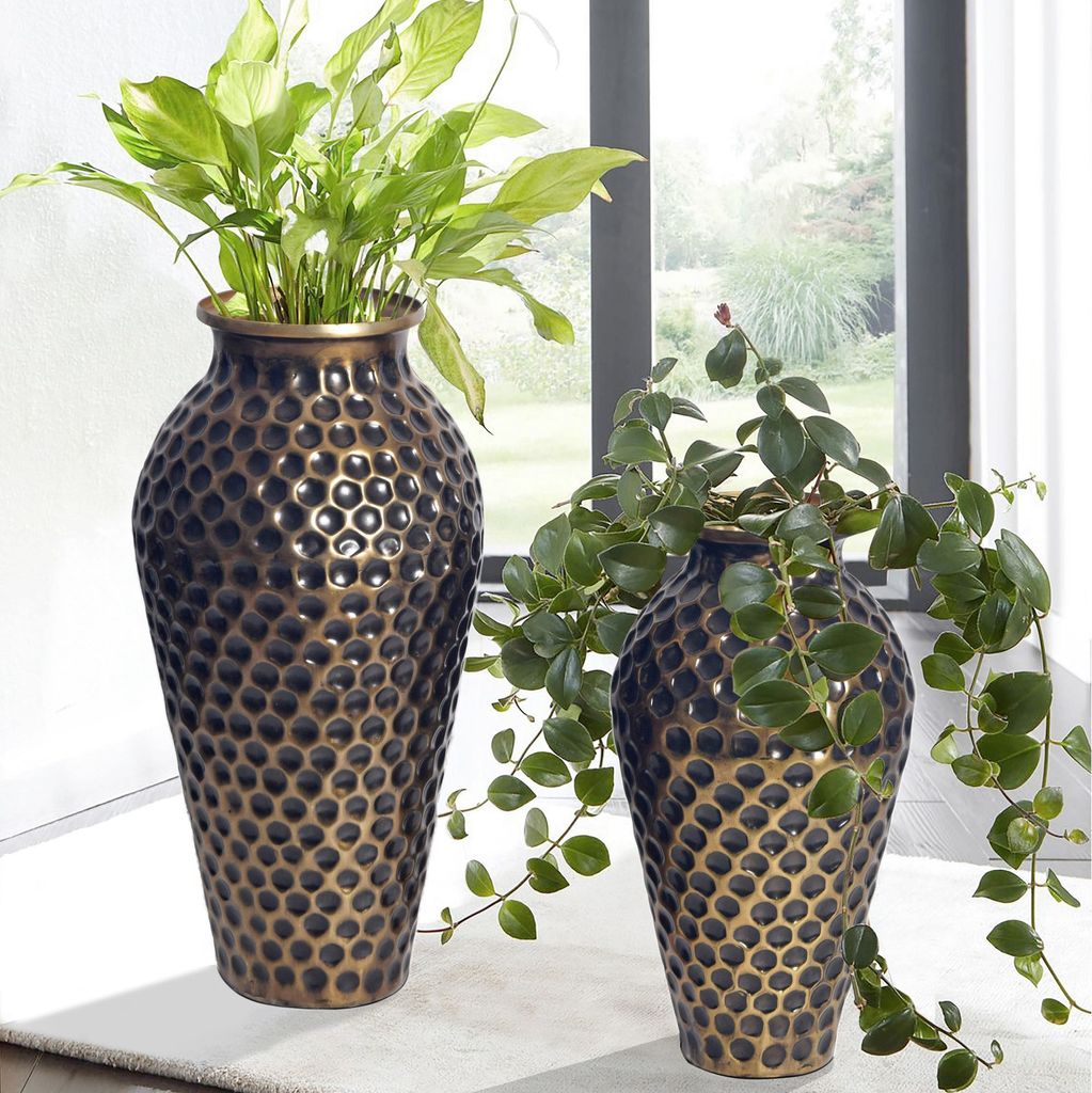 FineBuy Deko Vase 2er Set Aluminium Gold Amphore Blumenvase Dekovase Rund 2-teilig für Blumen Alu Tischvase Wohndeko Metall Tischdeko Handgefertigt