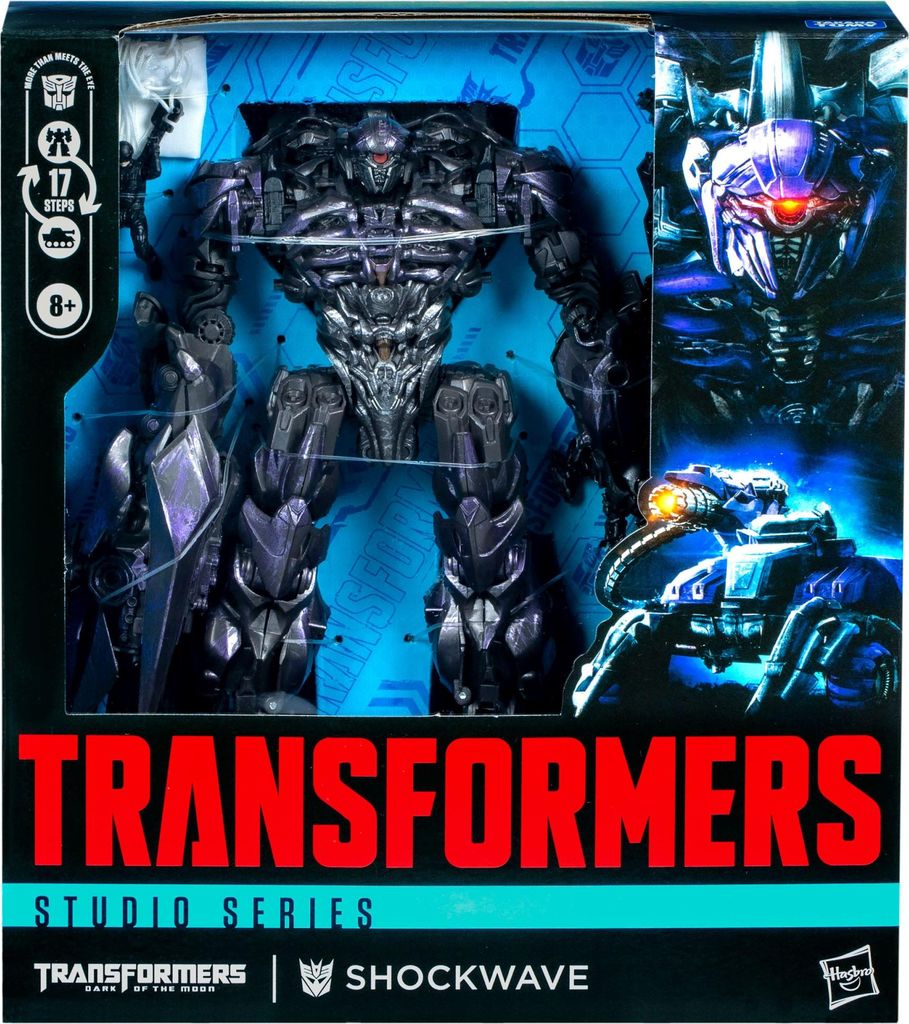 The image shows the packaging of a Transformers Studio Series Shockwave action figure.