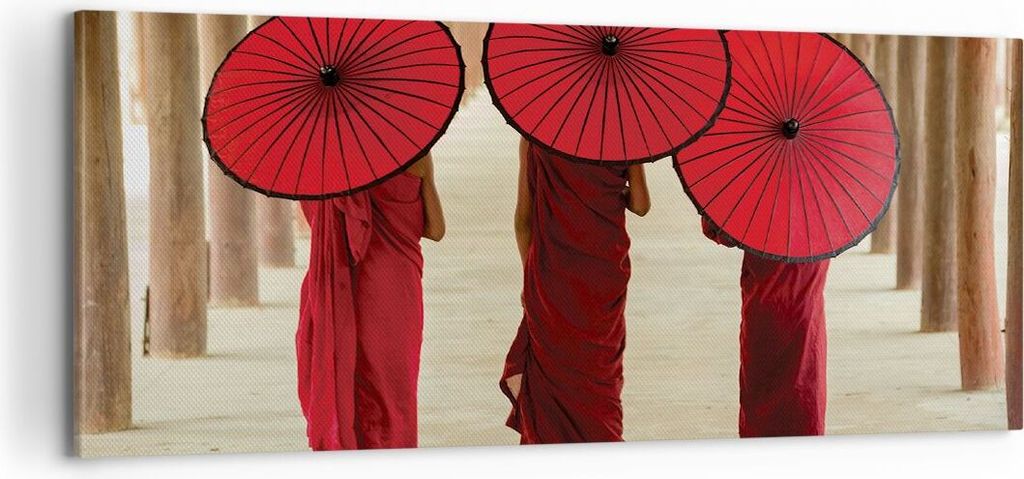 Bild auf Leinwand - Leinwandbild - Einteilig - Bhutan Regenschirm Rot - 100x40cm - Wand Bild - Wanddeko - Wandbilder - Leinwanddruck - Bilder - Wan...