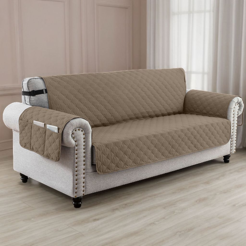 Wasserdichte Sofabezug Rutschfest Sofa Schoner Seitentasche Couch Bezug Schutz für Haustiere, Katzen, Hunde, Spielende Kinder Taupe