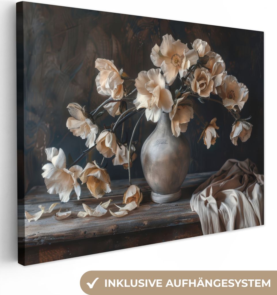 MuchoWow - Leinwandbilder - Blumen - Vase - Kunst - Stilleben, Wandbild, Wanddeko Bilder Wohnzimmer, 120x90 cm