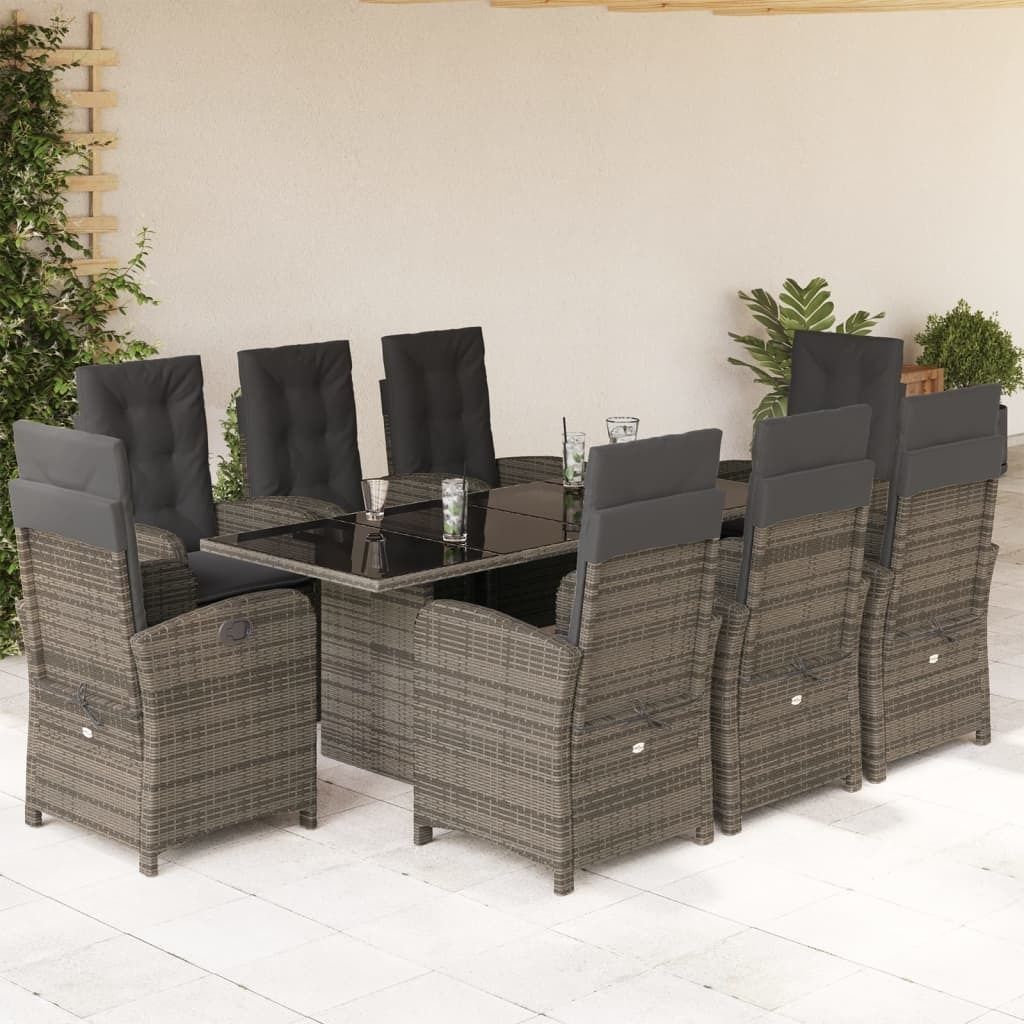 Maison Exclusive - 9-tlg. Garten-Essgruppe mit Kissen Grau Poly Rattan