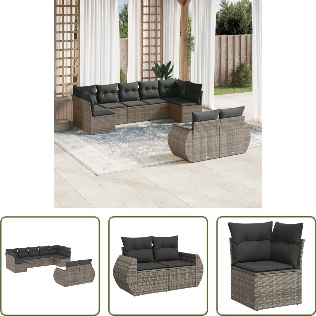 The Living Store 9-tlg. Garten-Sofagarnitur mit Kissen Grau Poly Rattan