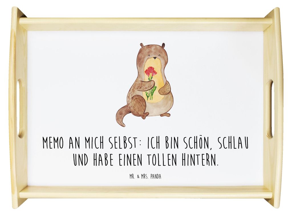 Mr. & Mrs. Panda Tablett Otter Blumenstrauß - Weiß - Geschenk, Positiv, Küchentablett, Dekotablett, Serviertablett, Servier, Süß, Bett-Tablett...