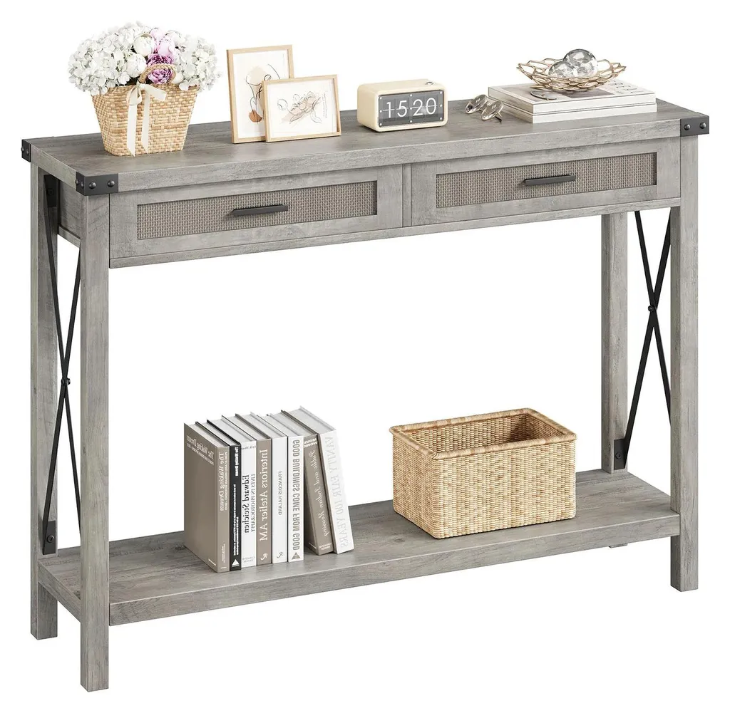 Console de Couloir Scandinave Grise - Table Élancée 109cm avec Rangement