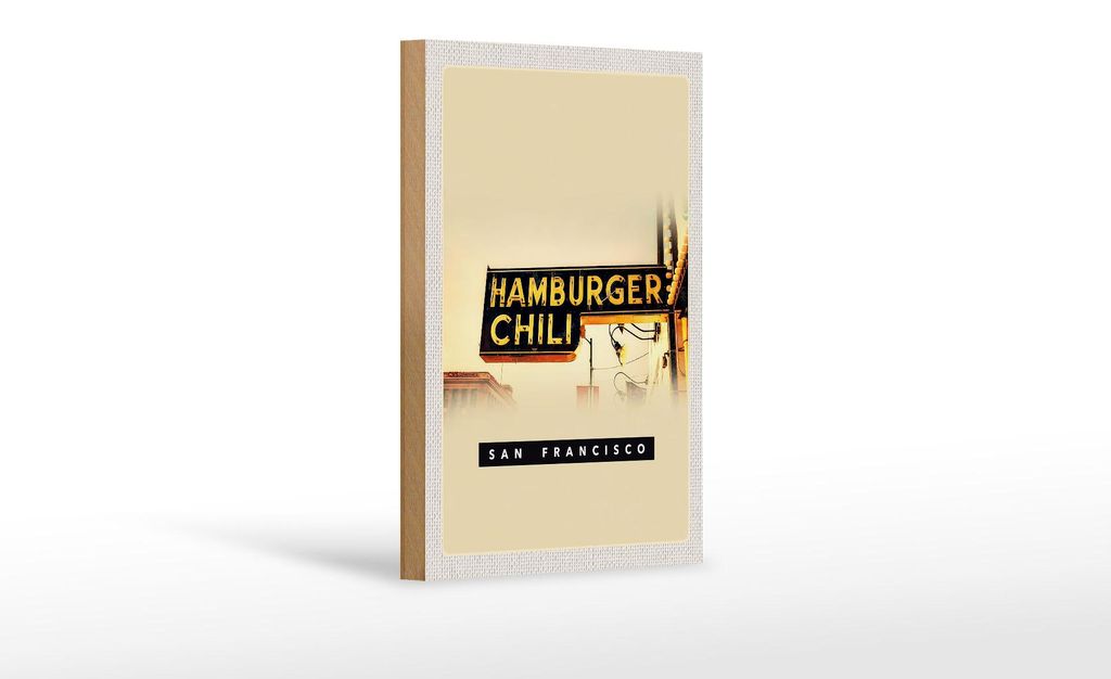 Holzschild Reise 12x18 cm San Francisco Hamburger Chili Essen