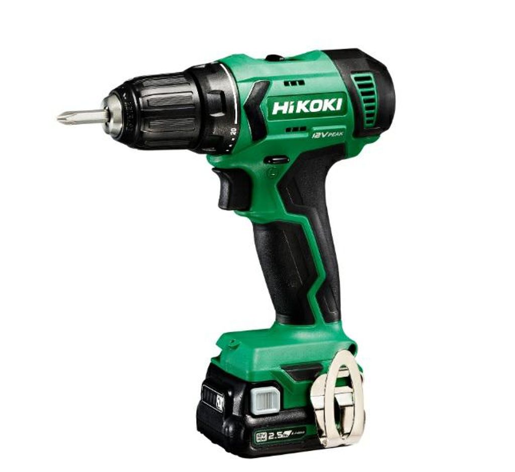 A studio shot of a green and black cordless drill with a battery pack attached, set against a white background.