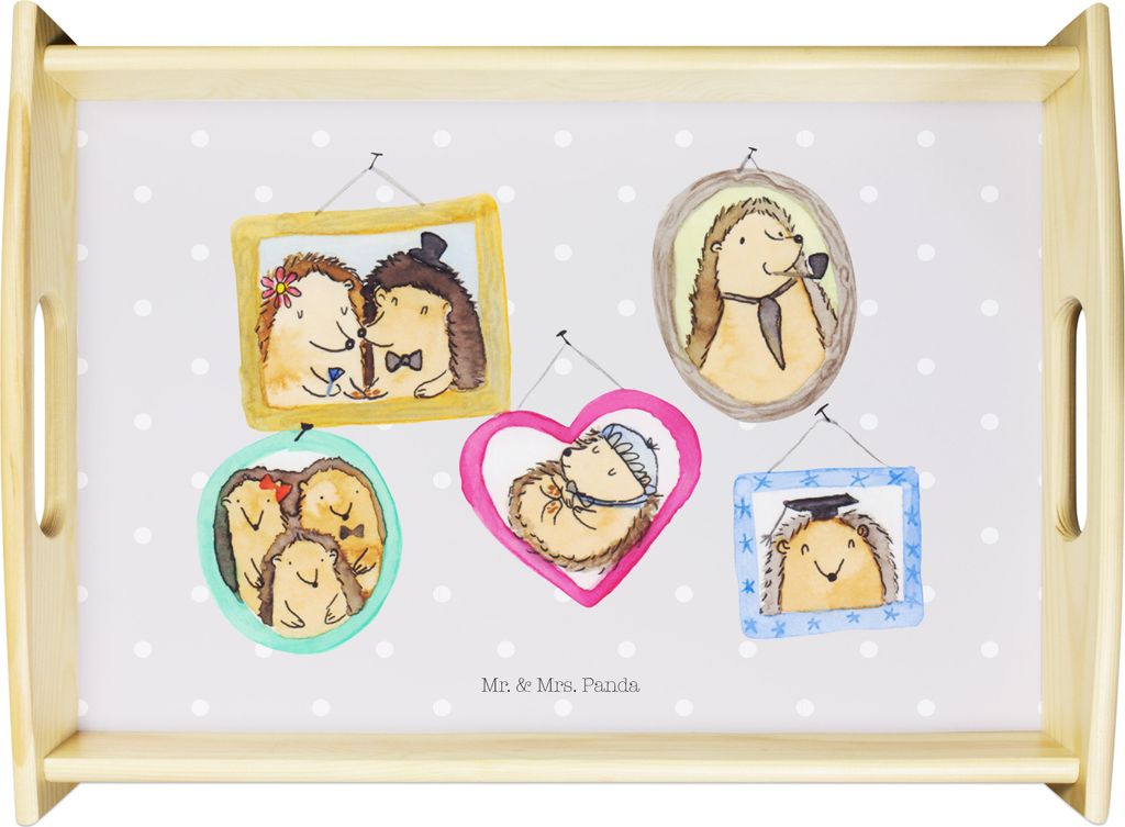 Mr. & Mrs. Panda Serviertablett Igel Familie - Grau Pastell - Geschenk, betttablett, Holztablett, Bilder, Liebe, Mama, Muttertag, Tablett, Glück, ...