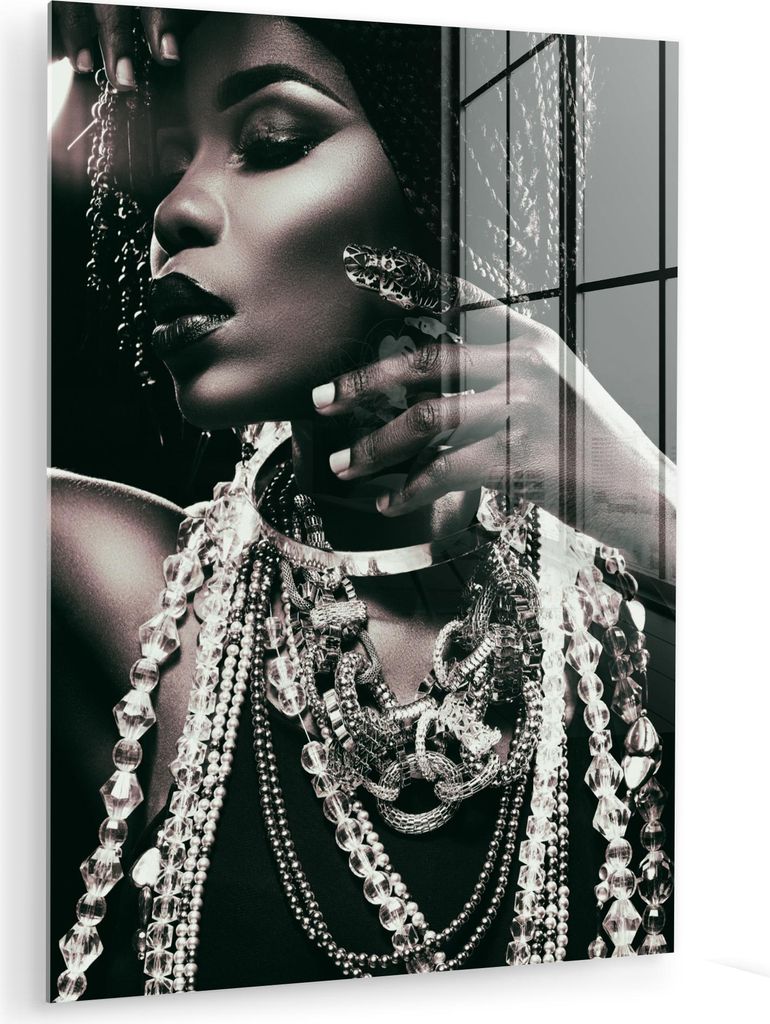 MuchoWow Glasbilder - Bilder auf Wandbild - Foto auf Glas Schmuck - Frau - Ring - Schwarz - Weiß - Luxus 60x80 cm Wanddekoration aus Glas - Acrylg...