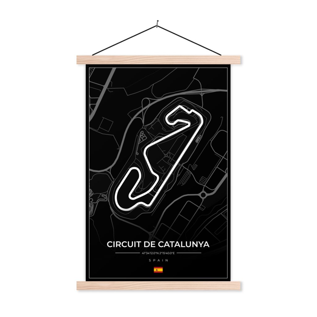 MuchoWow Textilposter F1 - Rennstrecke - Circuit de Barcelona-Catalunya - Rennstrecke - Spanien - Schwarz 60x90 cm mit holzfarbenen Rahmen - Textil
