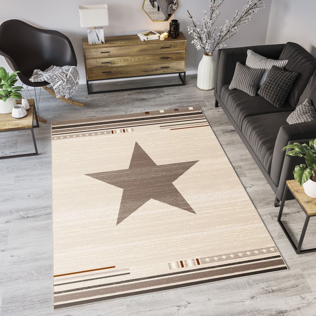 Teppich Wohnzimmer Schlafzimmer Kurzflor Modern Design Meliert Stern Streifen Gestreift Meliert Creme Braun Küche 120 x 170 cm