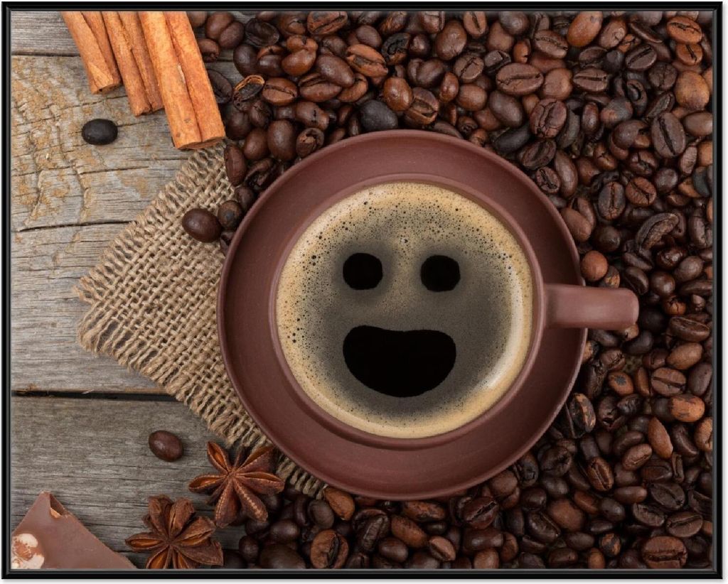 Wallario Wandbild Lustige Kaffeetasse mit einem Lächeln - Kaffeebohnen und Zimt, Größe: 40,30 x 50,30 cm, Poster mit schwarzem Aluminiumrahmen