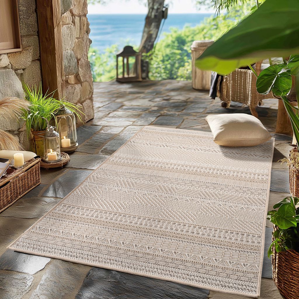 Outdoor Teppich Wetterfest, Küche, Balkon, Terrasse, Garten Wohnzimmer Esszimmer, Skandinavisches Boho Design, Größe: 80 x 150 cm, Farbe: Beige-3