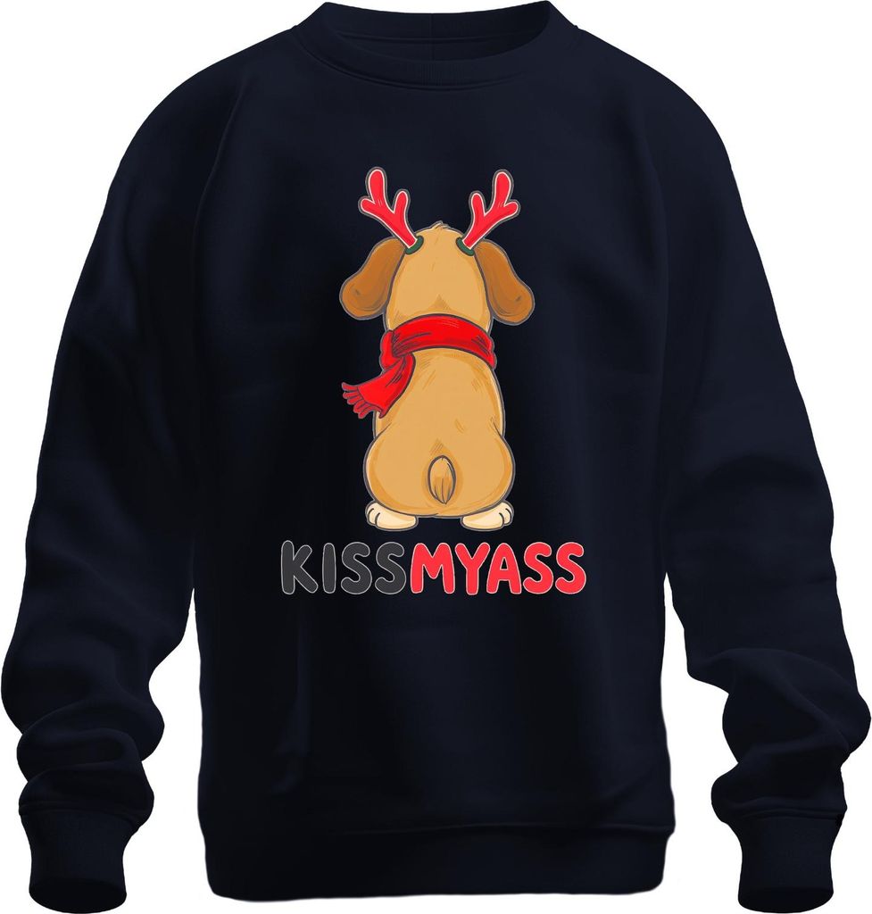 KISS MY ASS lustiger Weihnachtshund Rentierohren Cartoon Spruch Uni Sweatshirt Pullover, Navy, L