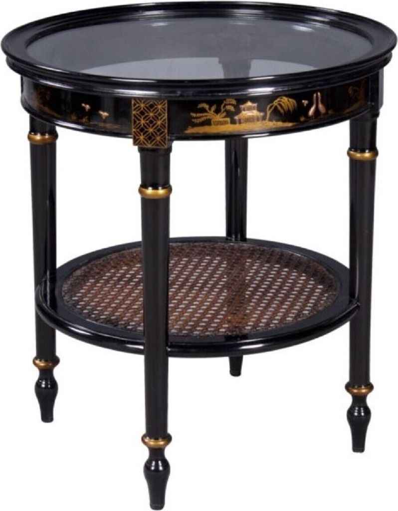 Casa Padrino Luxus Barock Beistelltisch Schwarz / Gold Ø 48 x H. 53 cm - Runder Mahagoni Beistelltisch mit Glasplatte und chinesischen Verzierungen