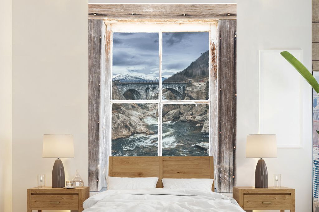 MuchoWow Fototapete für Wohnzimmer oder Schlafzimmer Wandtapete Vinyl Motivtapete Aussicht - Brücke - Wasser - 155x240 cm - Tapete