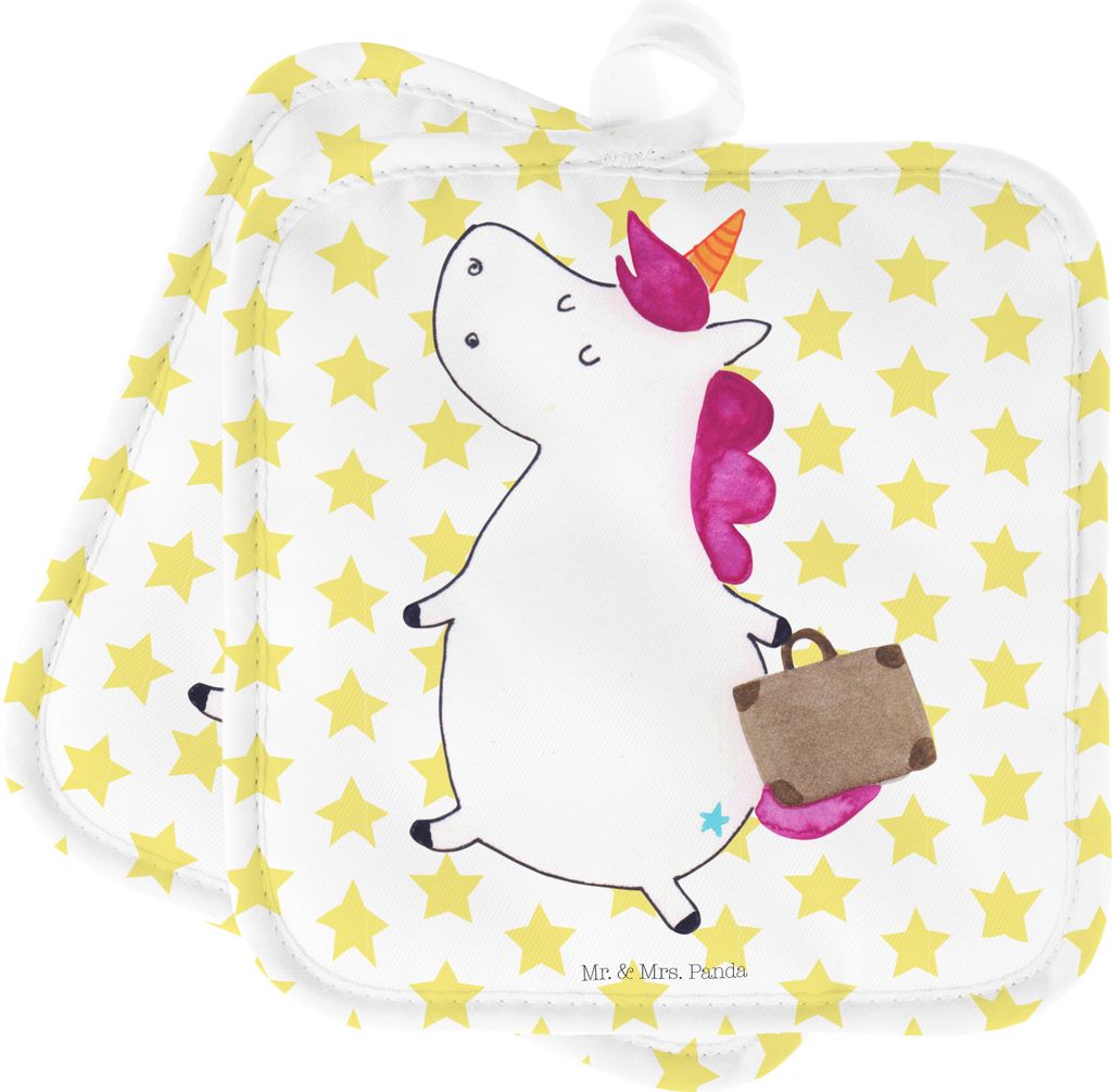 Mr. & Mrs. Panda Topflappen Einhorn Koffer - Weiß - Geschenk, Abenteuer, Einhörner, Unicorn, Erwachsen, Ofenlappen, Topfuntersetzer, Set, Reise, ...