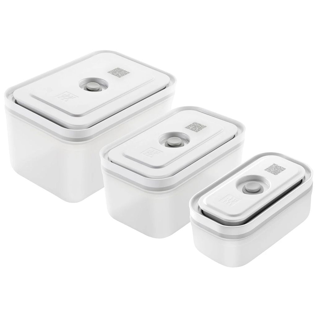 Three white plastic food storage containers of varying sizes are arranged diagonally on a white background.