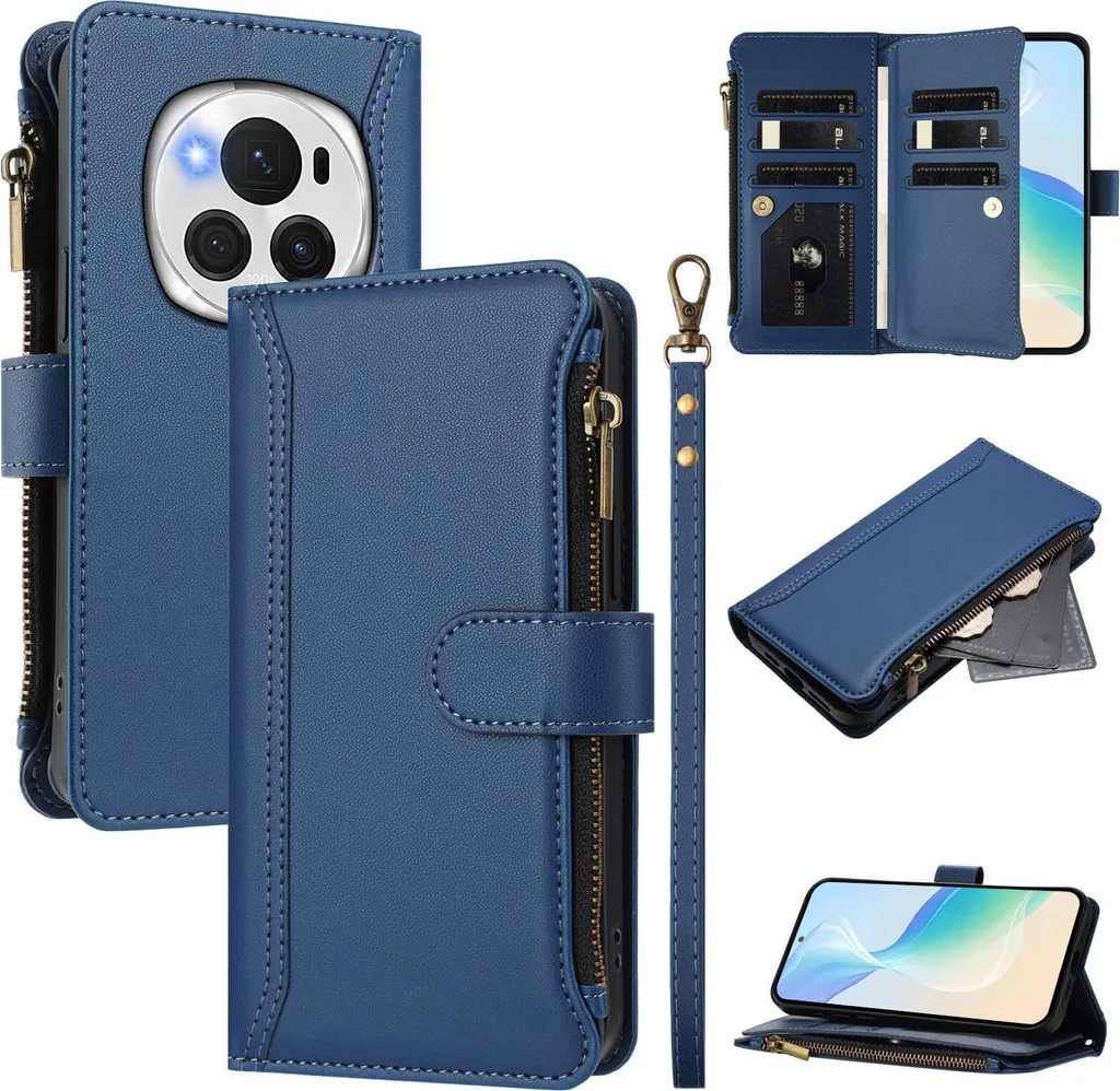 Custodia per Honor Magic6 Pro, con cerniera, portafoglio in Finto cuoio con tasche per carte, supporto e passante per la mano blu