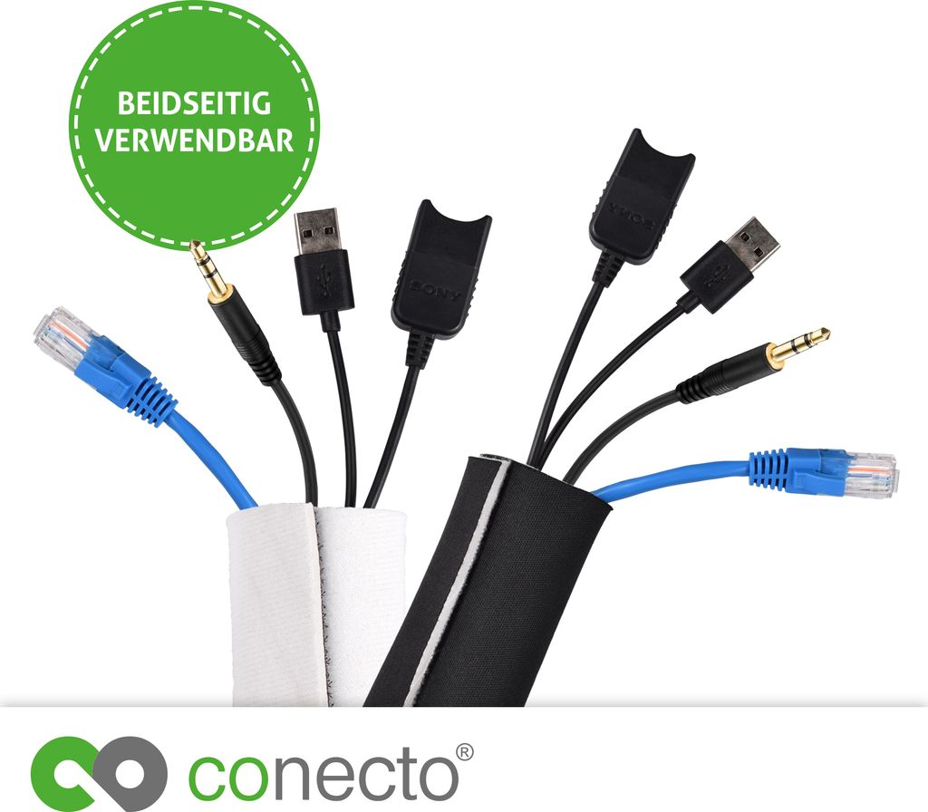 conecto Neopren Kabelschlauch mit Klettverschluss universell Kabelkanal Kabelmanagement Kabelorganizer Kabelführung schwarz/weiß, 1,5m