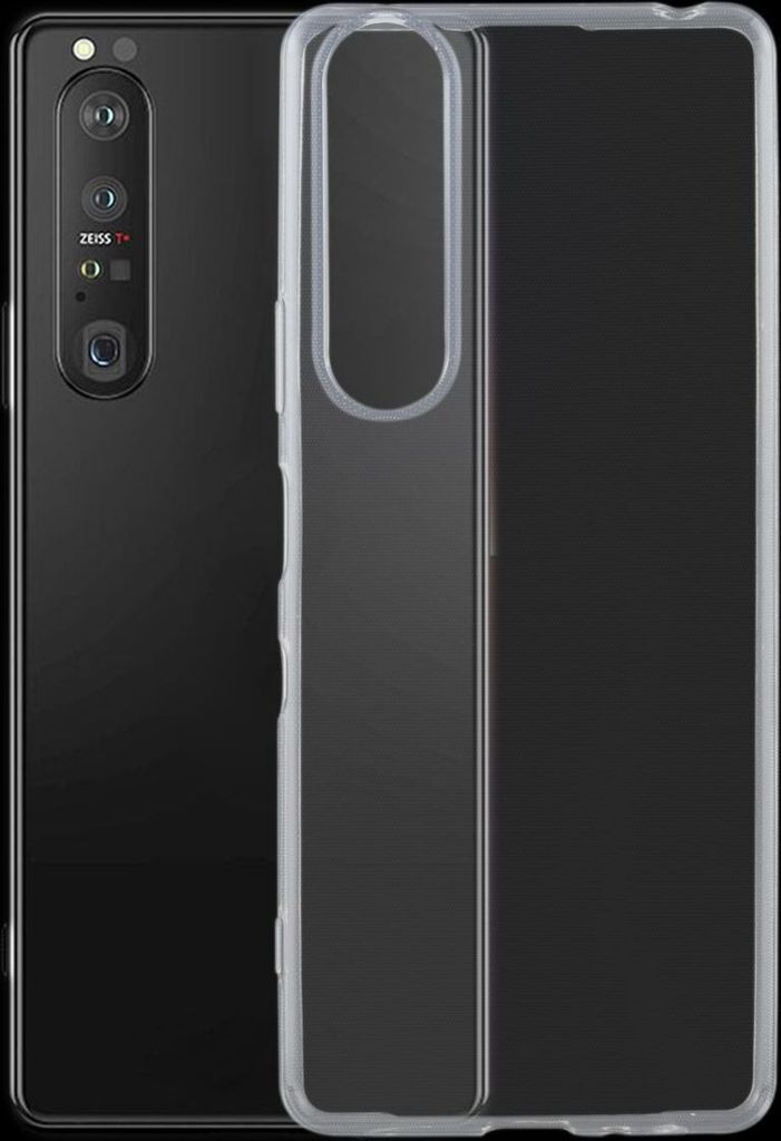 A black Sony Xperia 1 III smartphone is shown next to a transparent phone case.