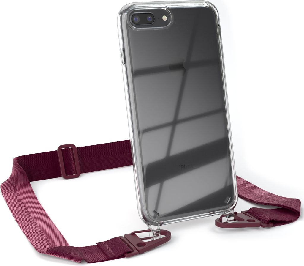 EAZY CASE - Hülle mit Band für Apple iPhone 8 Plus / 7 Plus, Handyhülle mit Umhängeband, Silikonhülle transparent, Handykette in Rot
