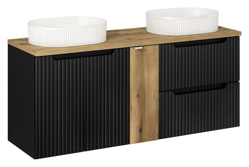 Badmöbel-Set Mit 2 Waschbecken & 2 Unterschrank, Arbeitsplatte 140 cm, Nova Black N BM60 - Schwarz/ Evoke Eiche
