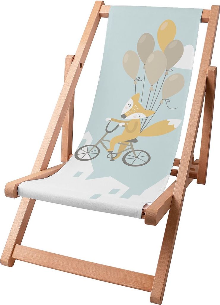 Dreamroots Kinder Liegestuhl klappbar Holz bis zu 130 kg, Sonnenliege klappbar mit 3-stufiger Neigungsregulierung der Rückenlehne, Fox with Balloons