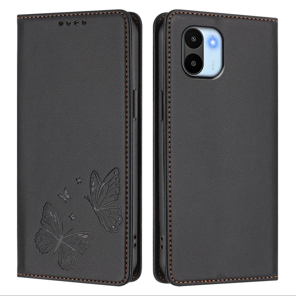 Lederhülle für Xiaomi Redmi A1 / A2, Schmetterling Prägung Leder Brieftasche Schutzhülle mit Ständer Schwarz