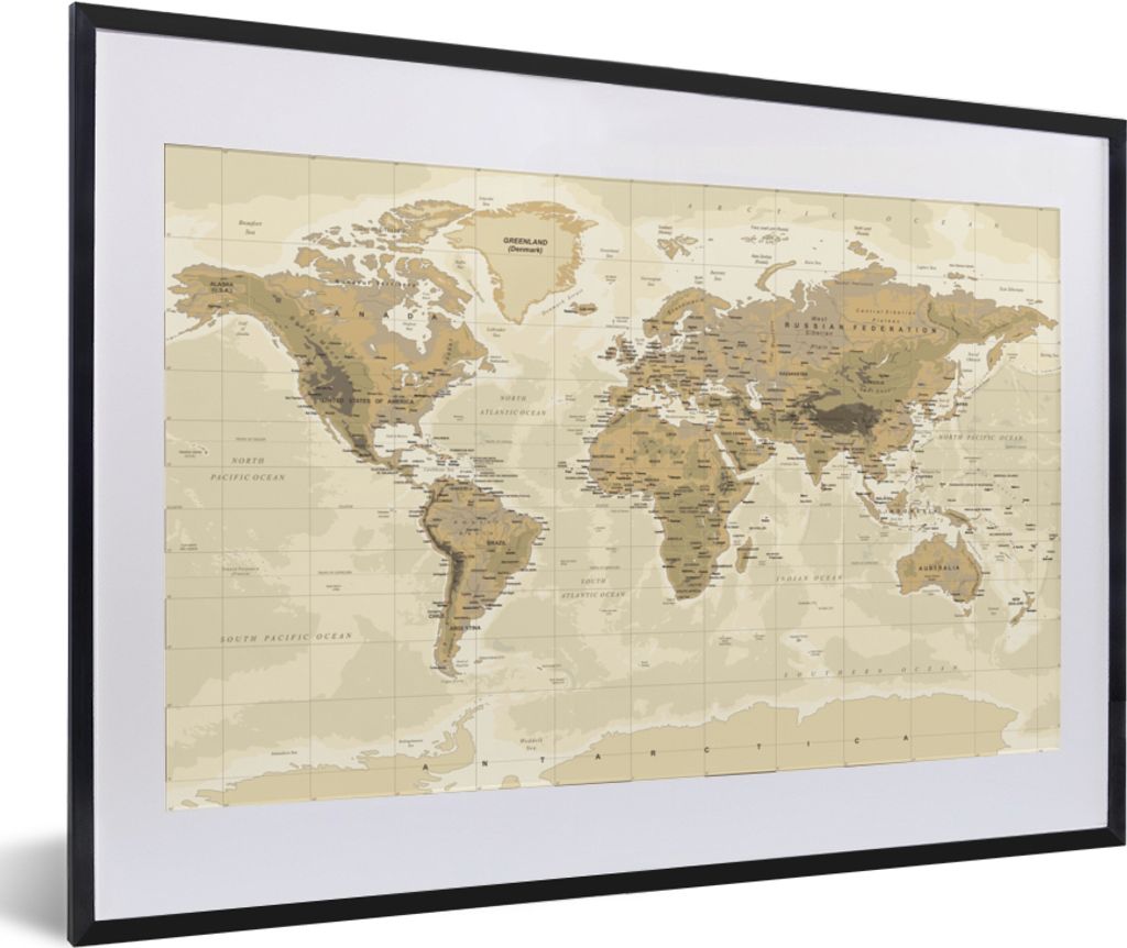 MuchoWow MuchoWow Gerahmtes Poster Karte - Welt - Jahrgang 60x40 cm - Poster mit zchwarzem Bilderrahmen - Schlafzimmer - Plakat in Rahmen - Dru...