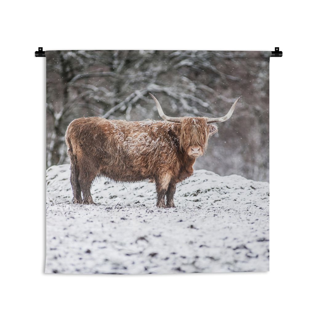 MuchoWow Wandteppich Wandbehang Schottisches Hochlandrind - Baum - Schnee 60x60 cm Tapisserie Dekoration Wandtuch - Dekorationen - Wand Decke