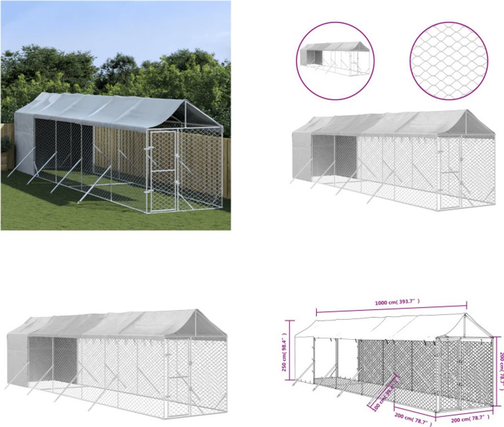 vidaXL Outdoor Hundezwinger mit Dach Silbern 2x10x2,5 m Stahl Verzinkt - Outdoor-Hundehütte - Outdoor-Hundezwinger - Hundehütte - Hundekäfig