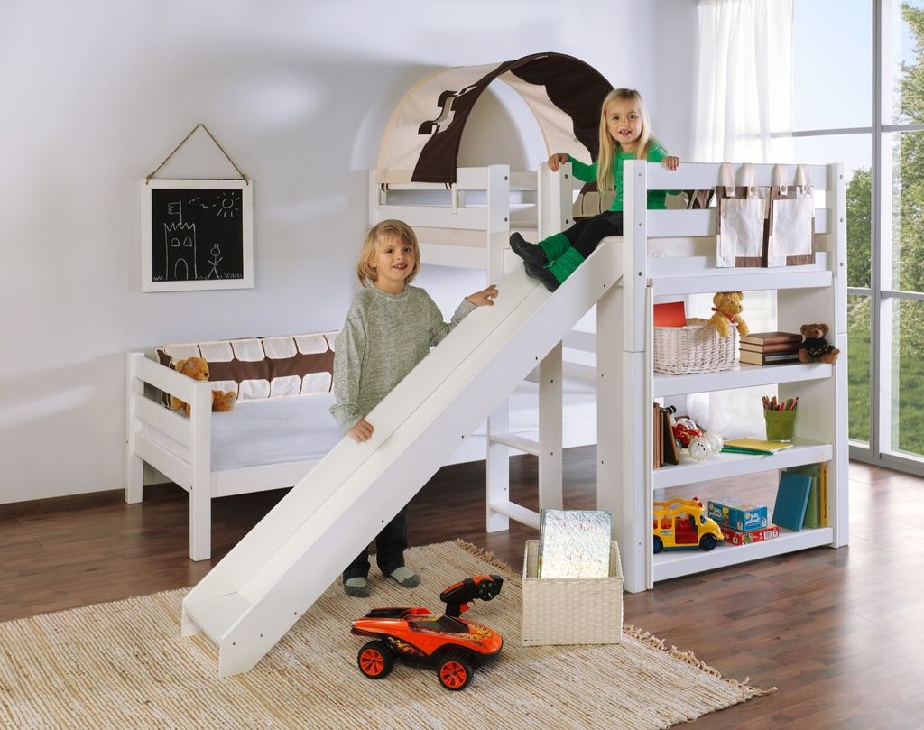 Etagen- bzw. 2. Einzelbetten Beni Buche massiv Weiß lackiert mit Rutsche 90x200