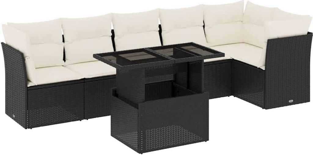 vidaXL 7-tlg. Garten-Sofagarnitur mit Kissen Schwarz Poly Rattan