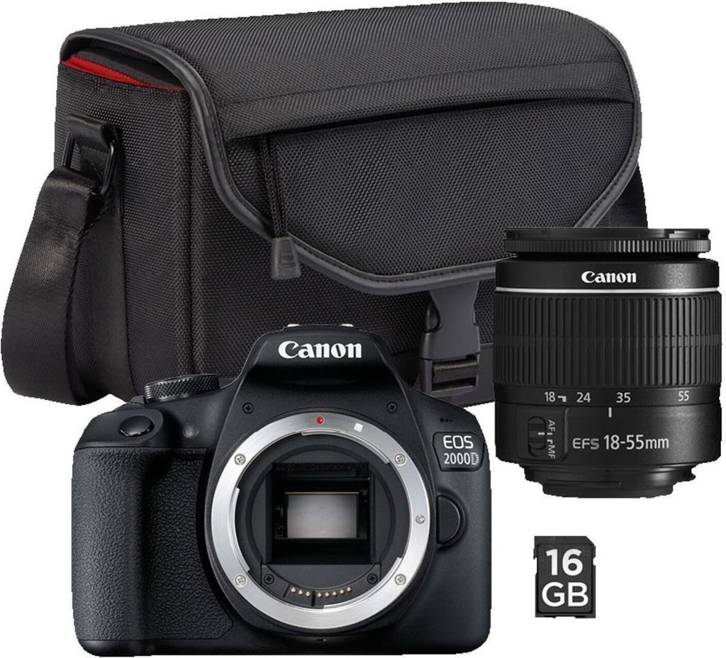 A Canon EOS 2000D camera kit with a lens, camera bag, and memory card, displayed against a white background.