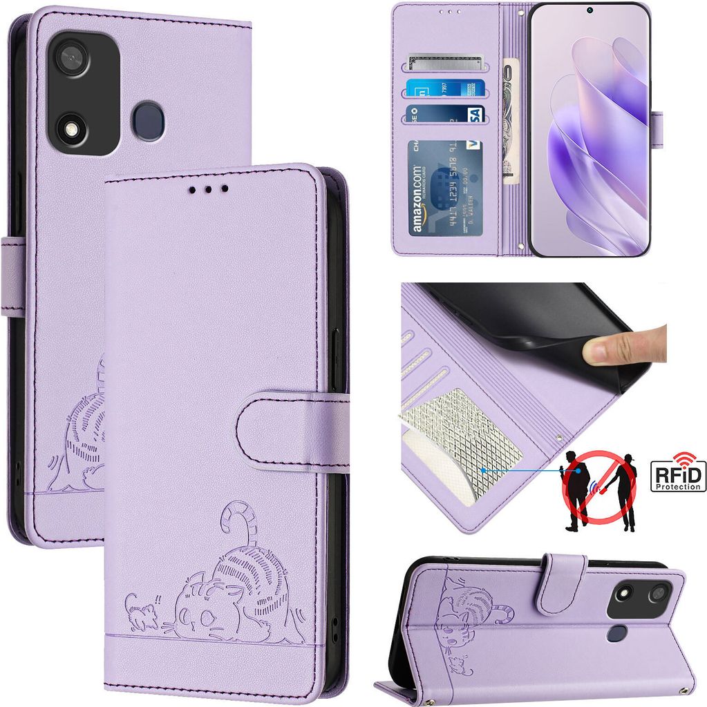 Leder Hülle für itel P17 / A27 Süße Katze Flip Case Brieftasche Schutzhülle mit Standfunktion Lila